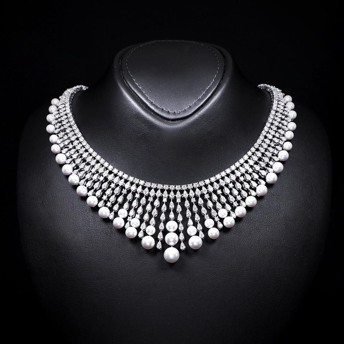 Darma White Pearl Luxury Bridal Full Set with High-Quality Zircon Stones Rhodium Plated