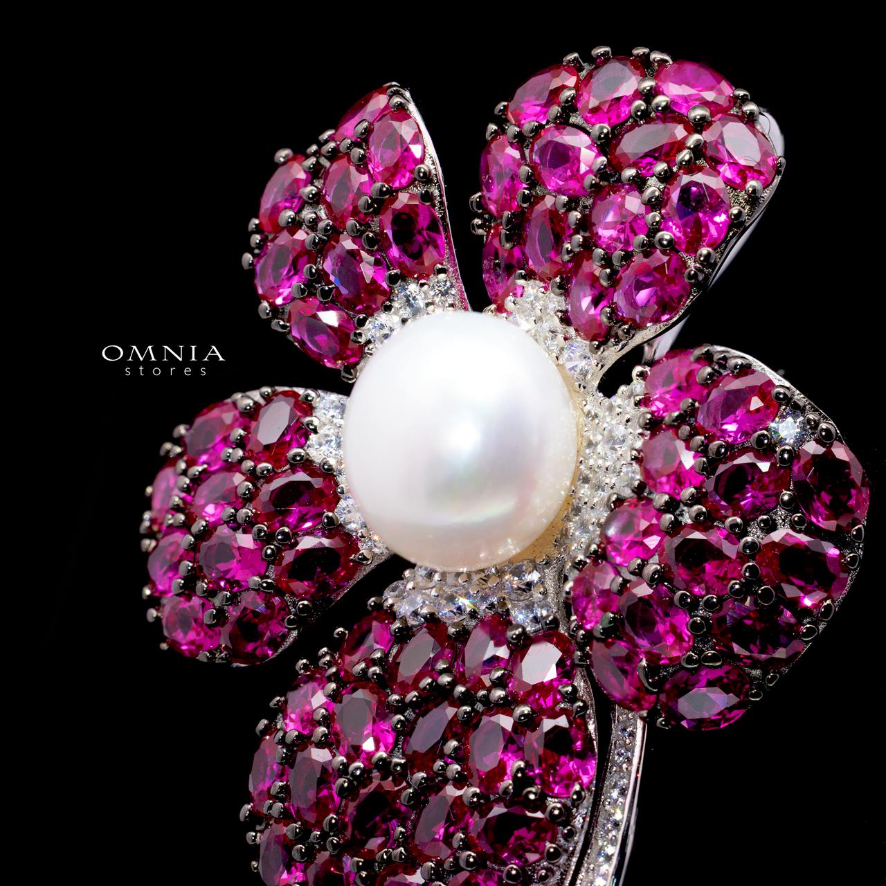Alicia Flower Pearl Brooch with High-Quality Simulated Diamonds in 925 Sterling Silver