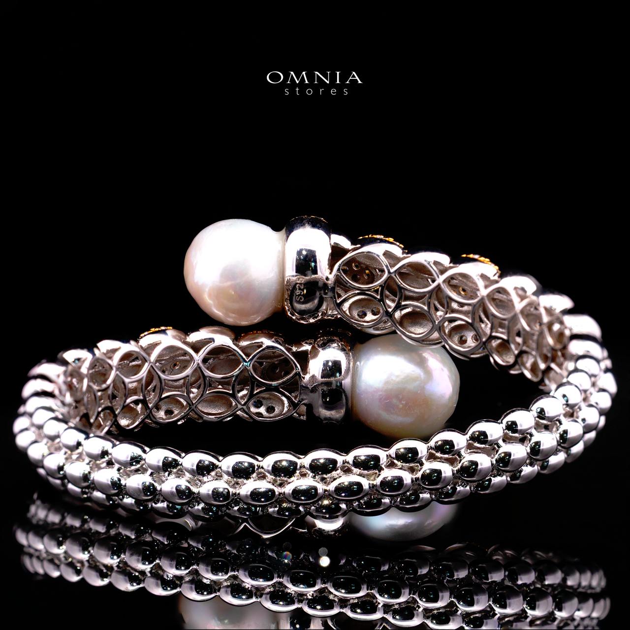 Dulce Royal Two-Tone Pearl Bangle with Premium Simulated Diamonds in 925 Sterling Silver