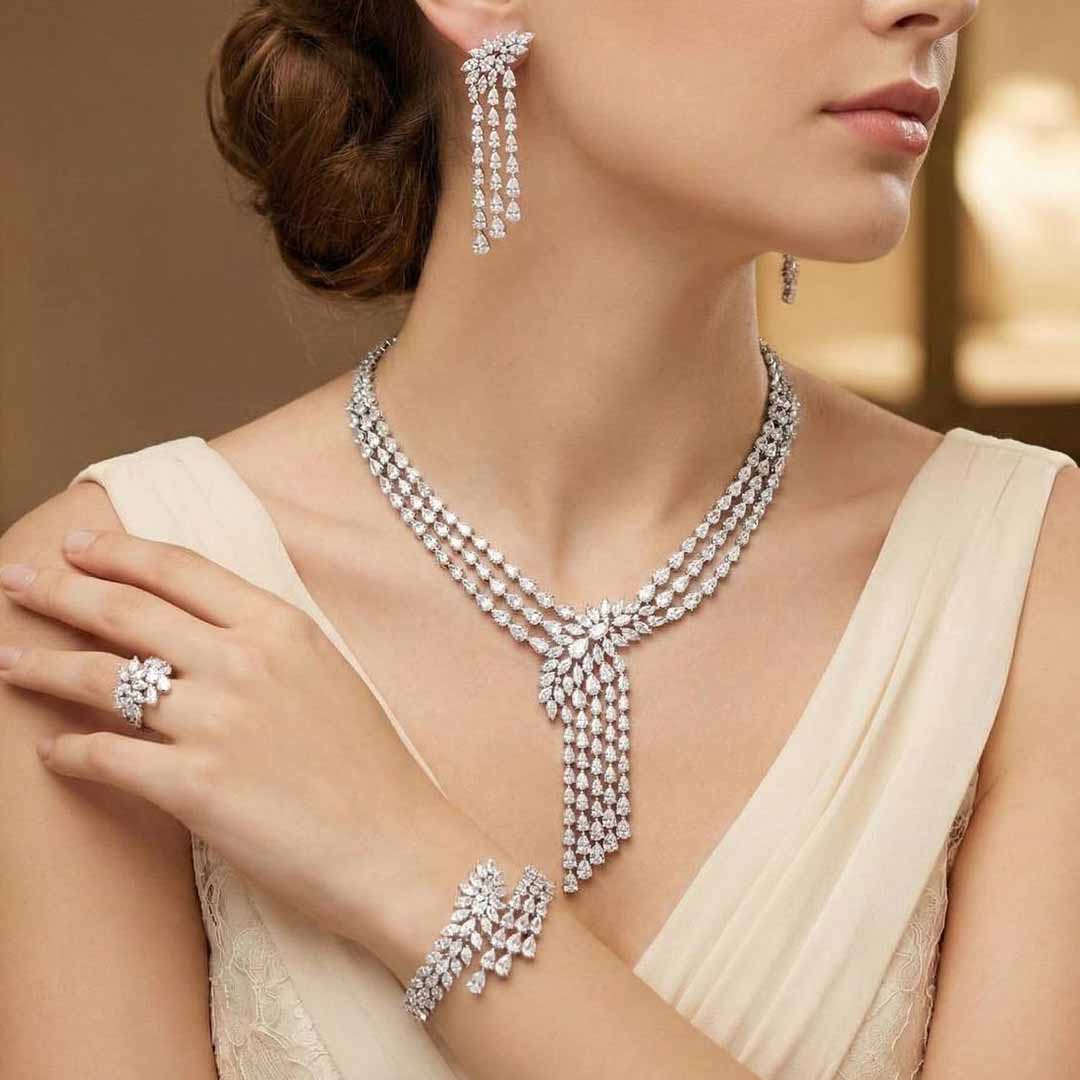 Omnia Rahaf White Luxury Bridal Full Set Accessories in High Quality Zircon Stone Rhodium Plated - OMNIASTORES KSA
