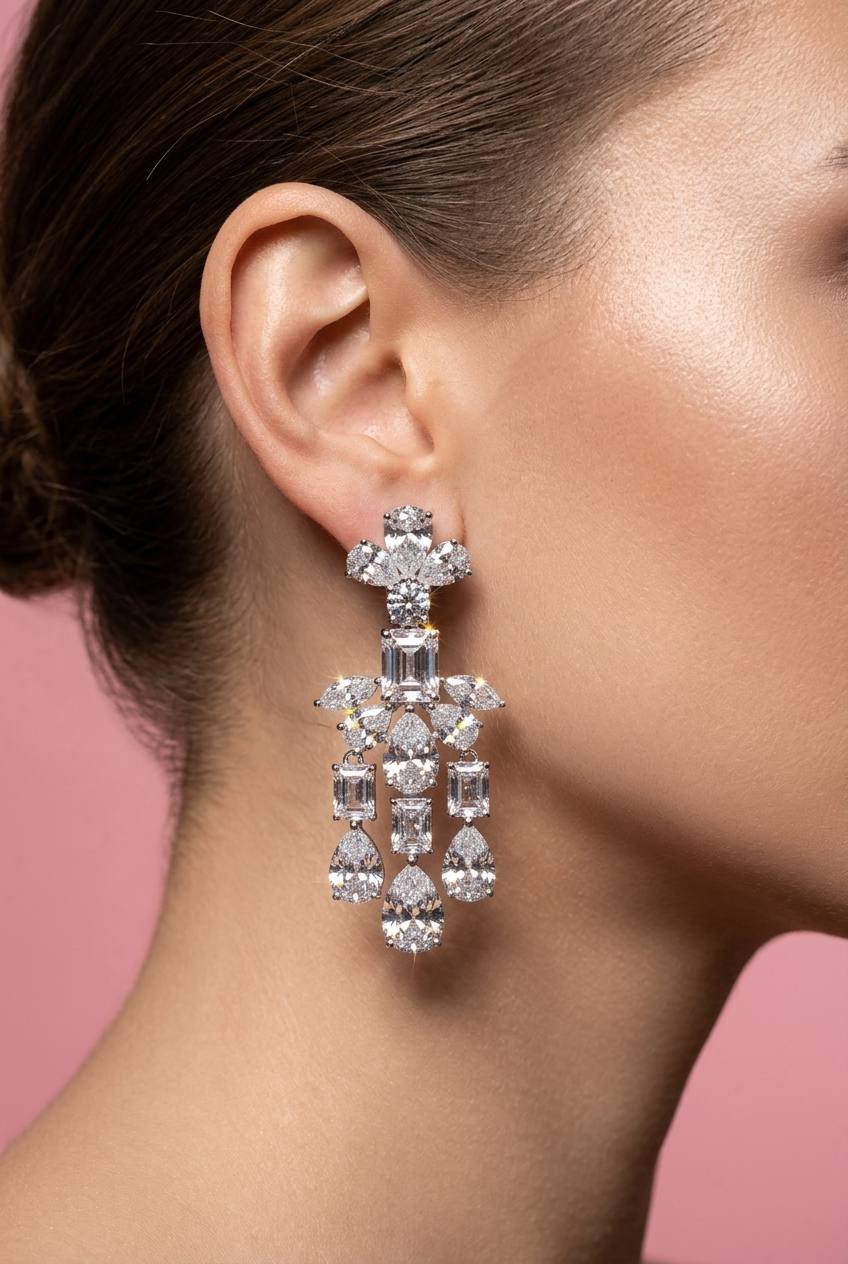 Omnia Ranim White Floral Drop Earrings With High Quality Simulated Diamonds In 925 Silver - OMNIASTORES KSA