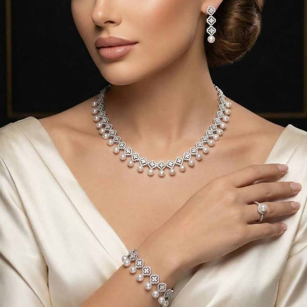 Omnia Sahira Pearl Bridal Full Set in 925 Silver with High-Quality White Zircon Stones
