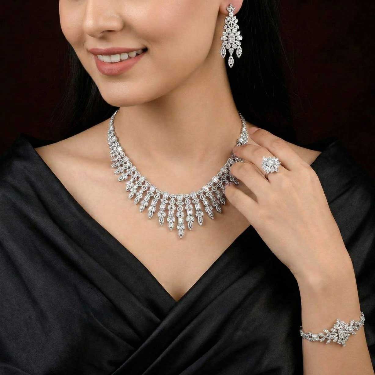 Omnia Saphira White Luxury Bridal Full Set in High Quality Zircon Stone Rhodium Plated - OMNIASTORES KSA
