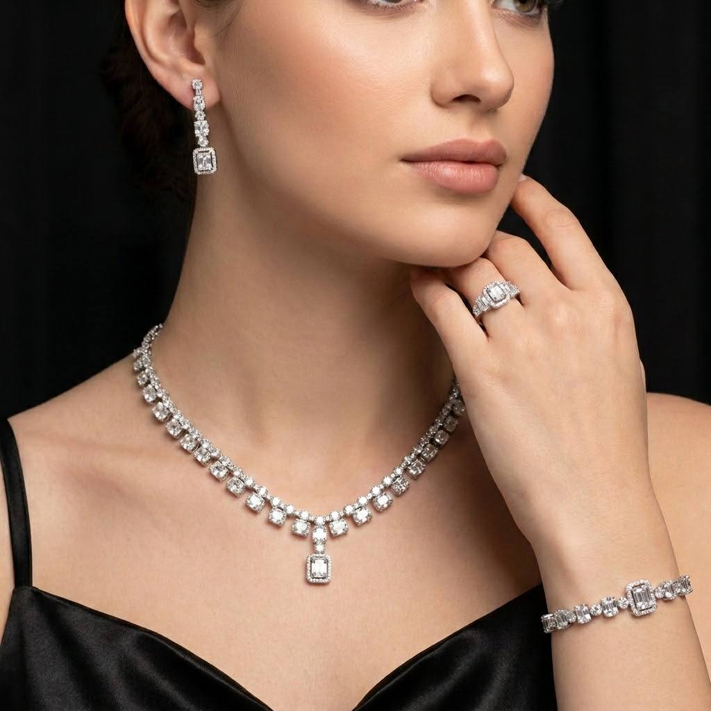 Omnia Selina White Luxury Bridal Full Set in High Quality Rhodium Plated Zircon Stones - OMNIASTORES KSA