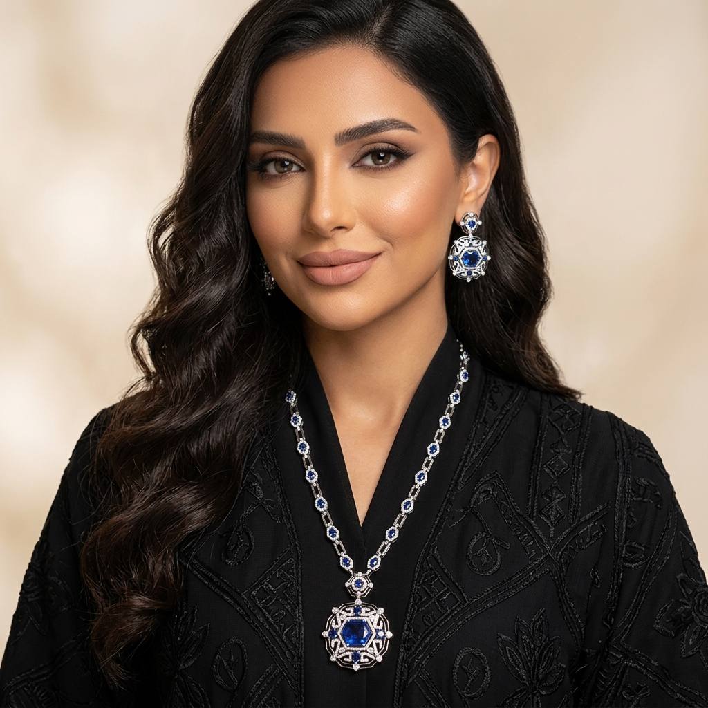 Omnia Siwar Silver Long Chain Necklace and Earrings Set 925 Silver in High Quality Blue Simulated Diamond Stones - OMNIASTORES KSA