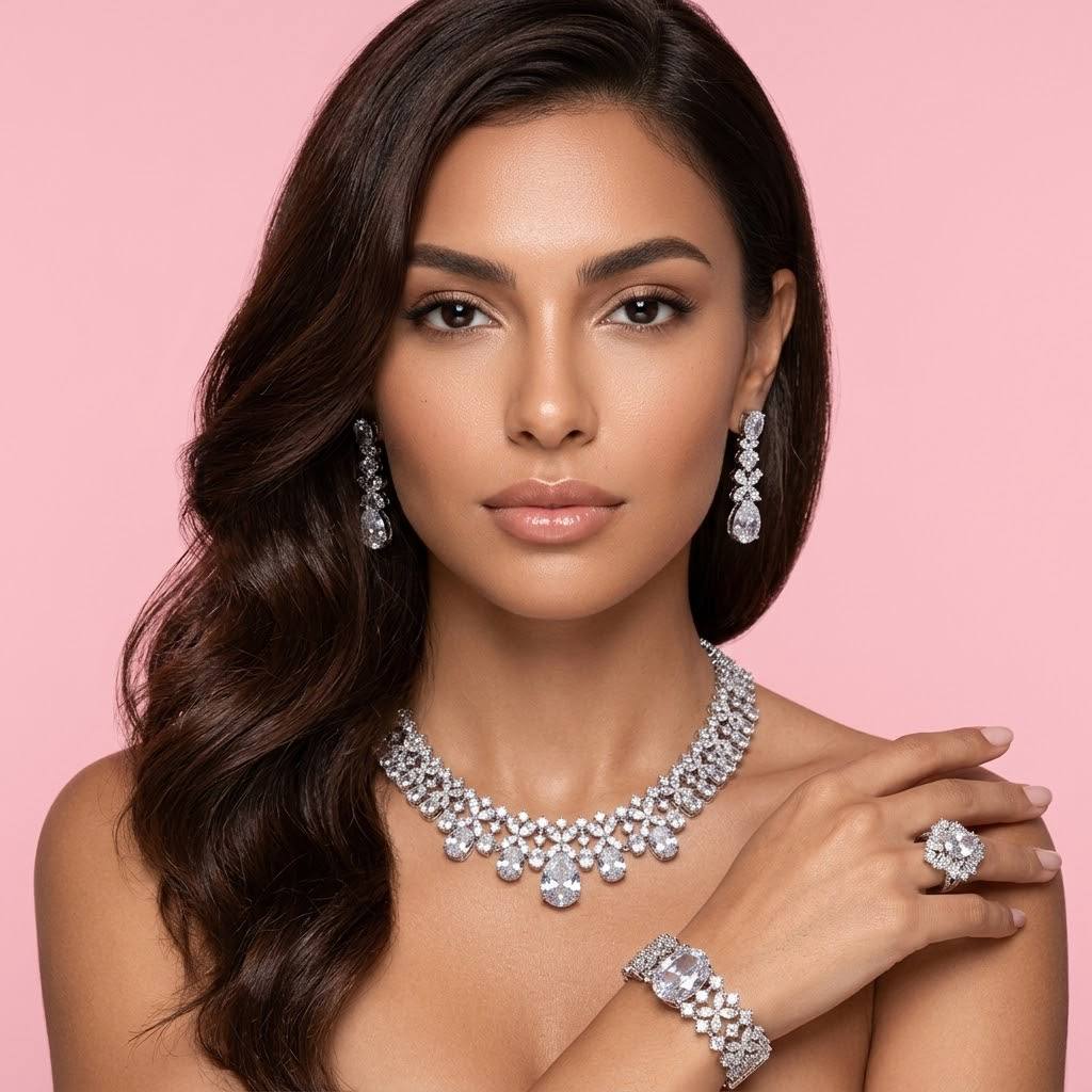 Omnia Suhana White Bridal Full Set in High Quality Simulated Diamonds - OMNIASTORES KSA