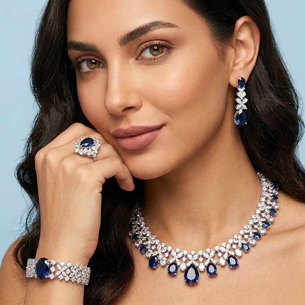Omnia Suhana Dark Blue Bridal Full Set in High Quality Simulated Diamonds