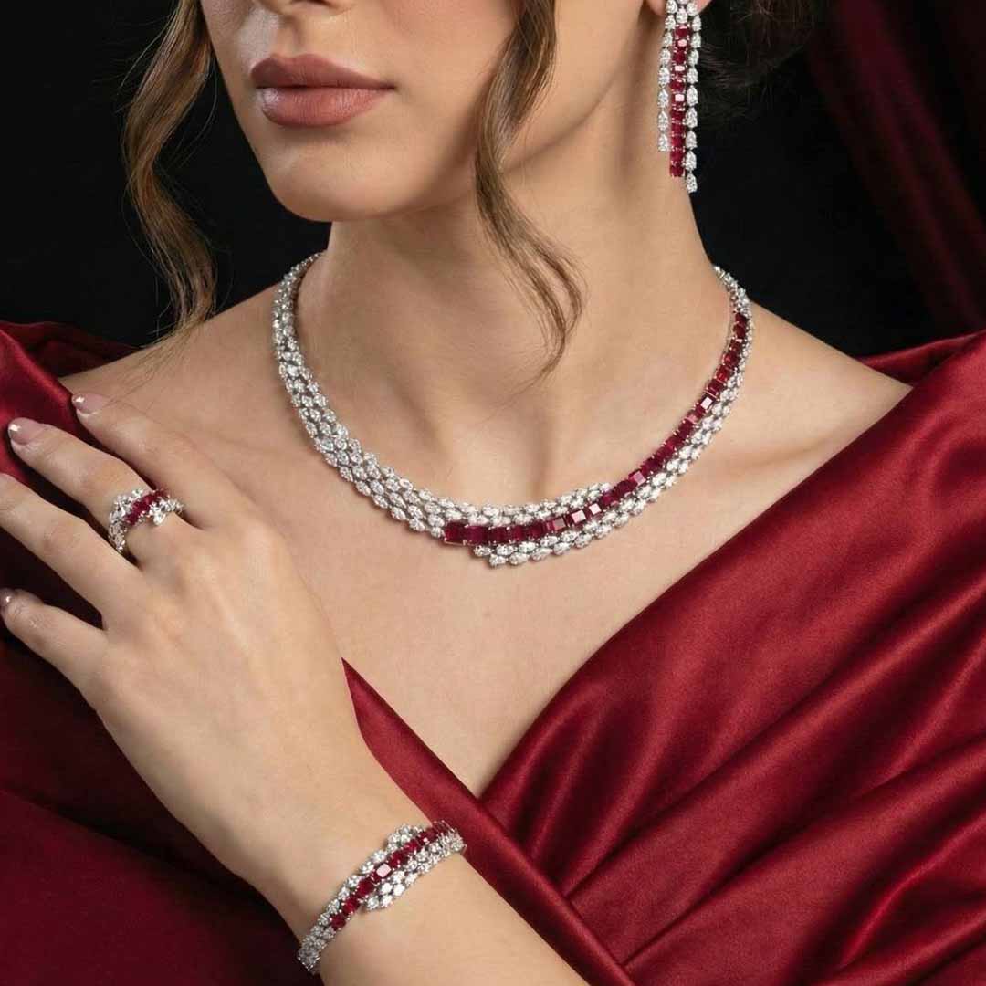 Omnia Trinity Red Luxury Bridal Full Set in High Quality Zircon Stone in Rhodium Plated - OMNIASTORES KSA
