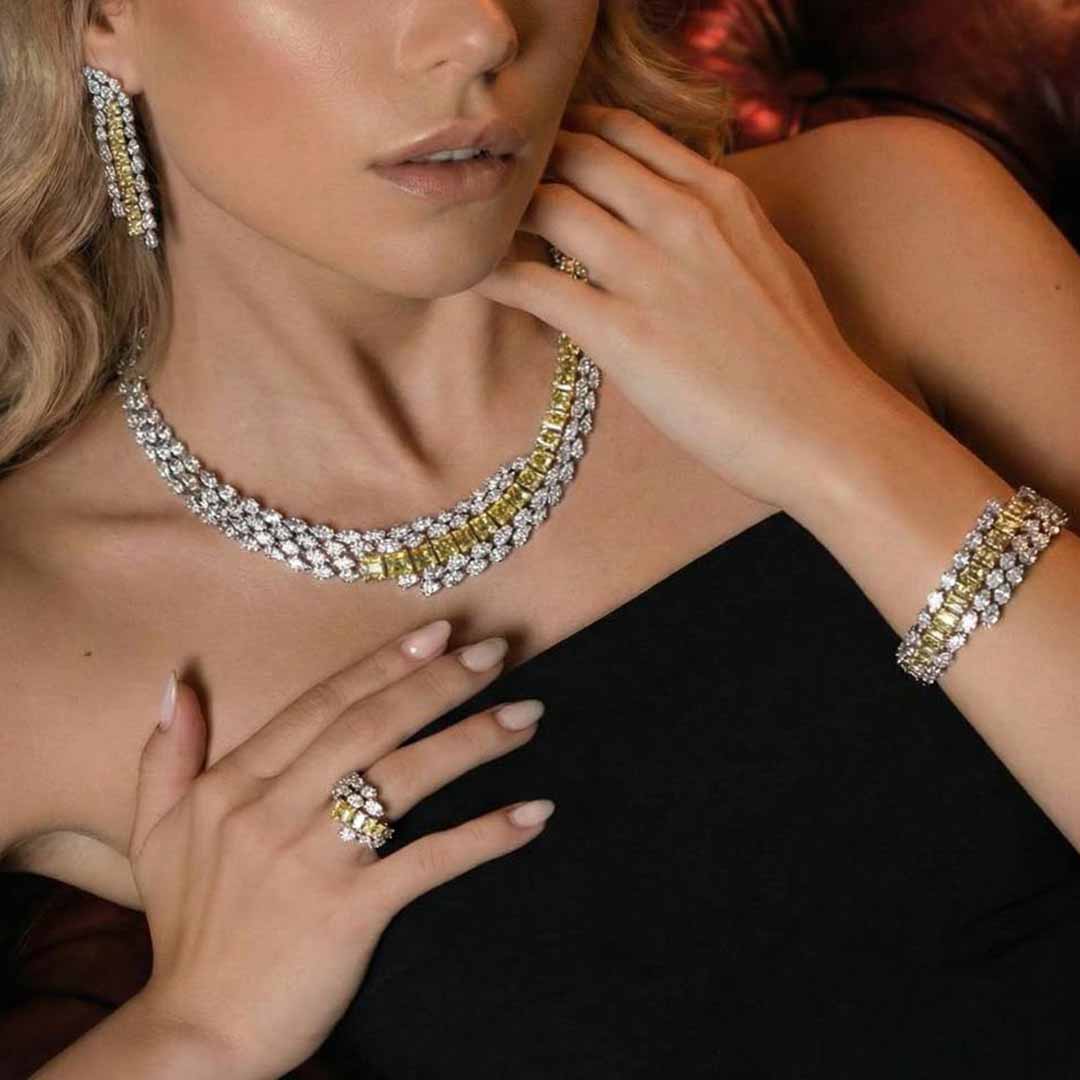 Omnia Trinity Yellow Luxury Bridal Full Set in High Quality Zircon Stone in Rhodium Plated - OMNIASTORES KSA