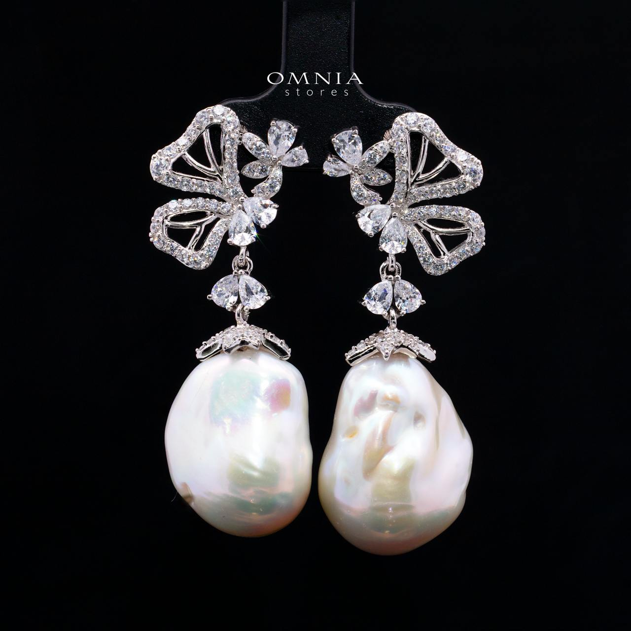 Talinara Pearl Necklace & Earring Set with High-Quality Premium Simulated Diamonds in 925 Sterling Silver