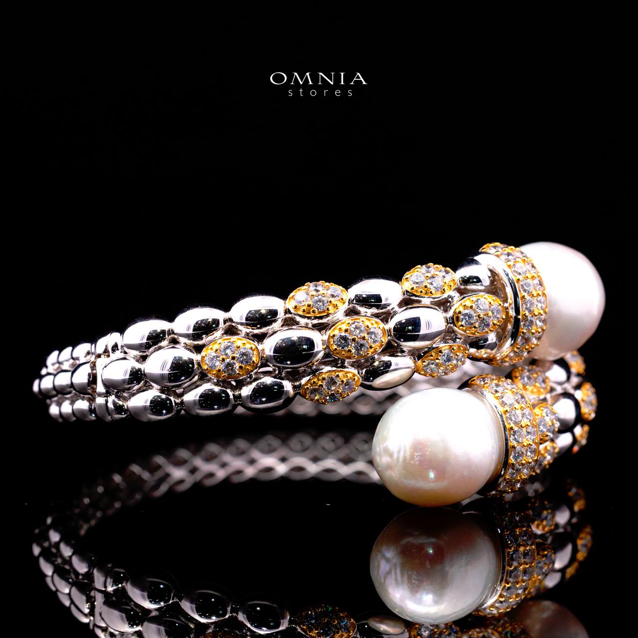 Dulce Royal Two-Tone Pearl Bangle with Premium Simulated Diamonds in 925 Sterling Silver