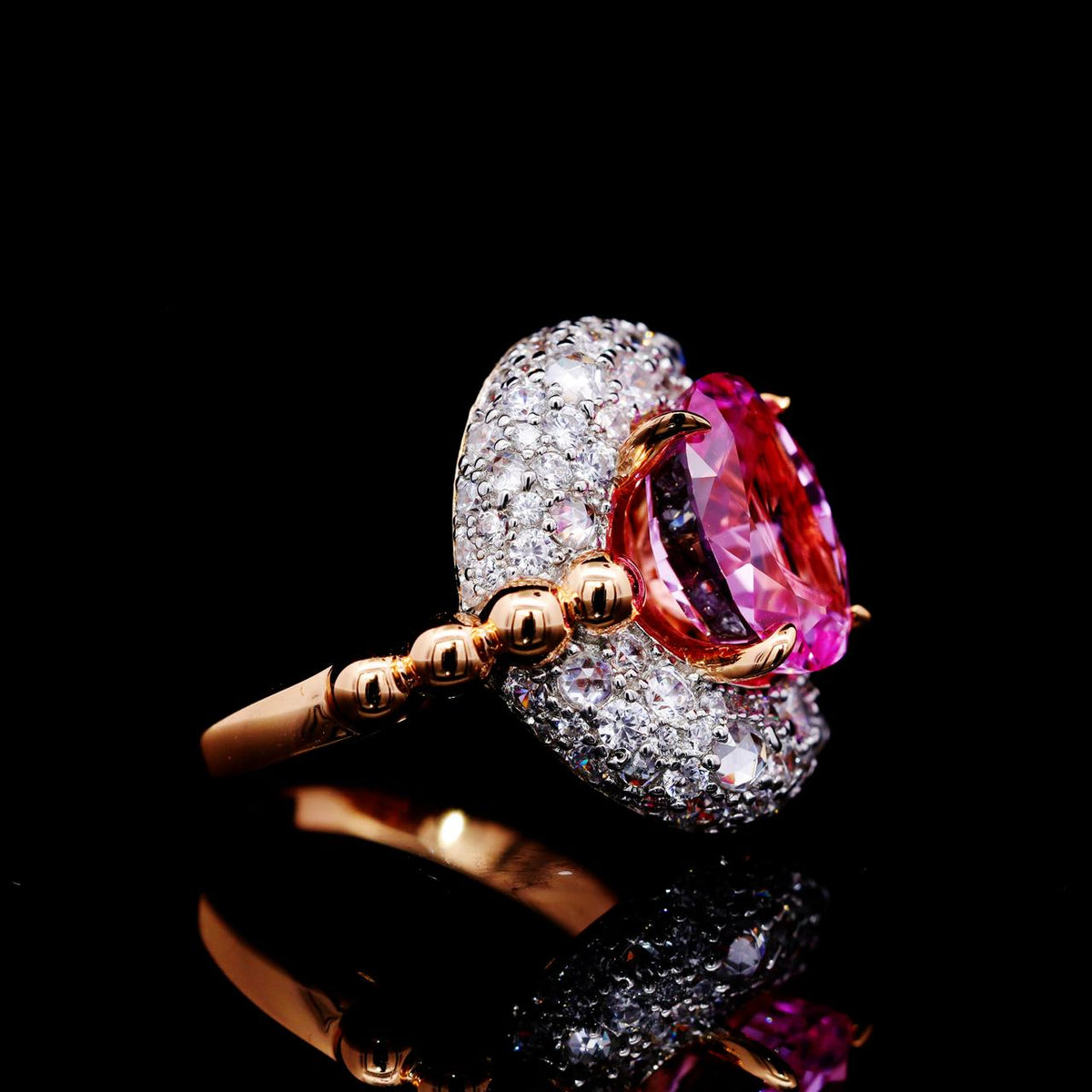 Ghadeer Pink Ring with Certificate | High-Quality Simulated Diamonds in 925 Sterling Silver, Rose Gold Plated