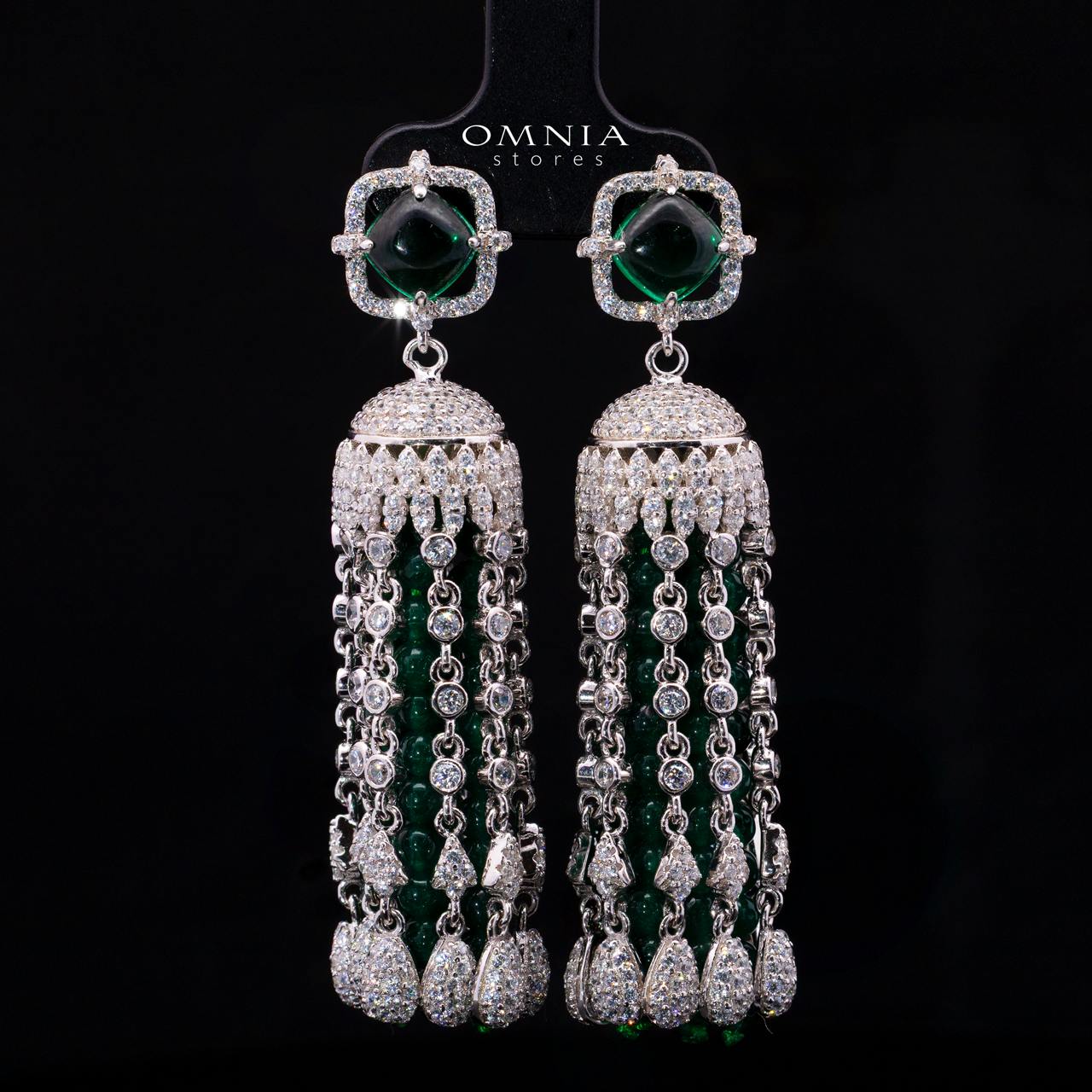 Emaniya Green Long Chain Necklace and Earring Set with High-Quality Premium Simulated Diamonds in 925 Sterling Silver