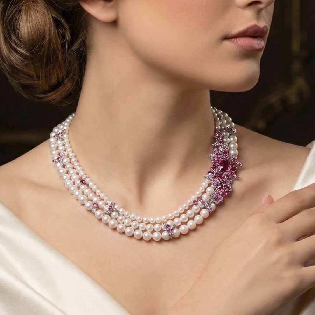 Omnia Blossom Pearl Necklace in 92.5 Silver with High Quality Simulated Diamonds - OMNIASTORES KSA