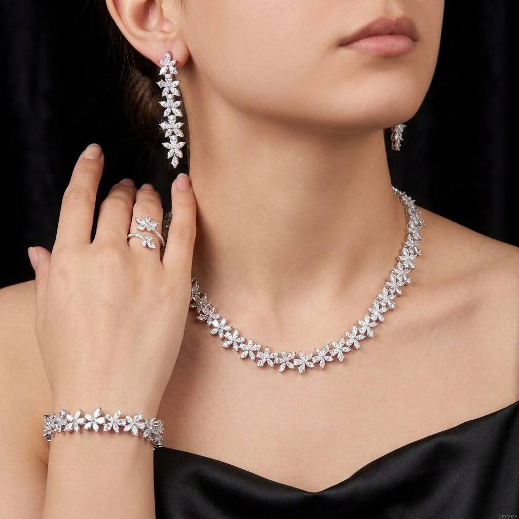 Omnia Zoey Luxury Bridal White Full Set in High Quality Zircon Stone Rhodium Plated - OMNIASTORES KSA